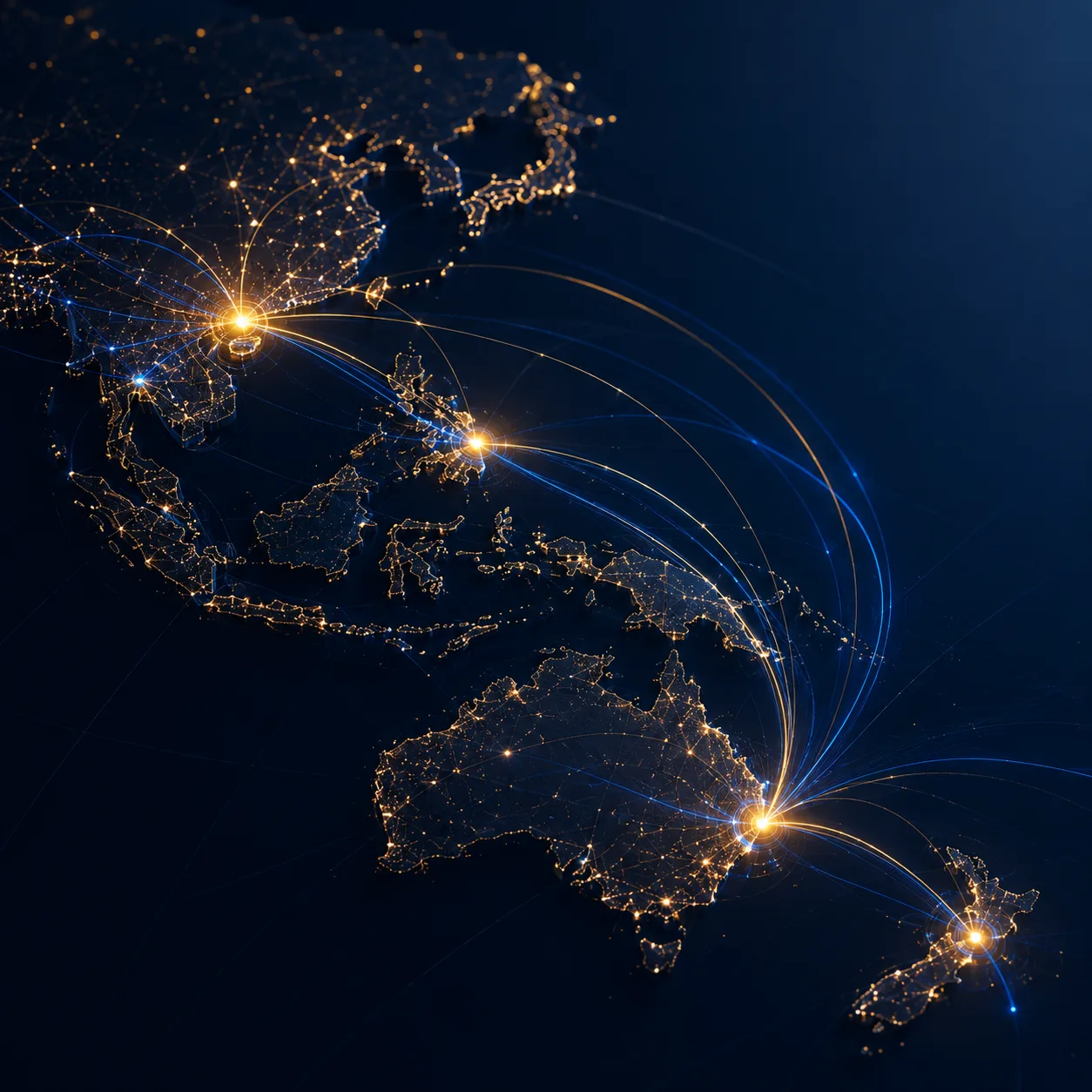 Illuminated map of Asia Pacific showing connections between Ho Chi Minh City, Manila, Sydney and Auckland